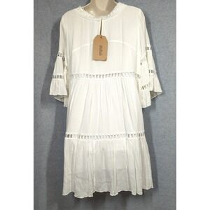 New Listicle Flowy Dress L Bottom Ruffle Balloon Sleeves White Embroidery Boho